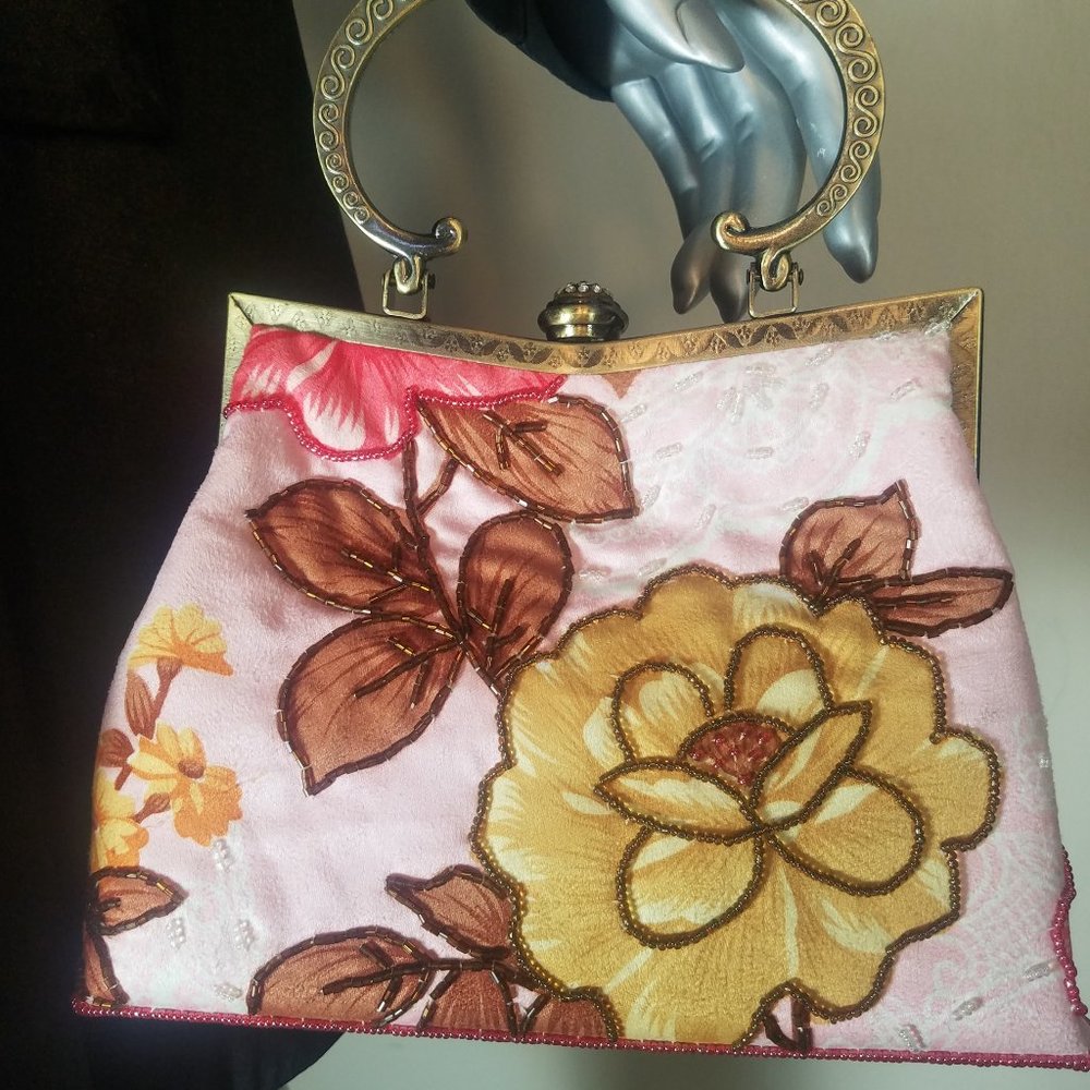 Women's Decorative Beaded Pastel Pink Bag with Metal Handle ( 8.5" w x 9.5" h)